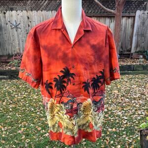 Pacific Legend Hawaiian Orange Tropical Biker Motorcycle Button Shirt Men's XL